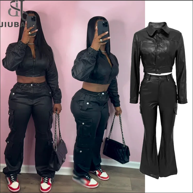 2024 Long Sleeve Jacket Flare Pant Bulk Items Wholesale Lots Sexy Y2k PU Leather 2 Piece Set Women Outfits