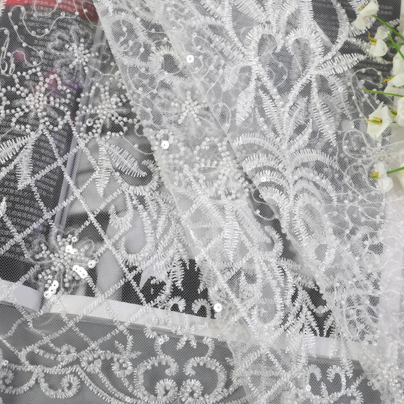 Custom Soft White Lace Tulle Knitted Embroidered Floral Sequin Beaded Heavyweight Fabric Wedding Dresses Bags Shoes Upholstery