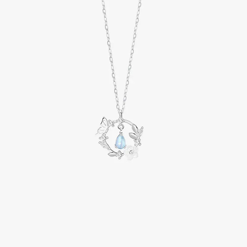 925 Sterling Silver Butterfly Necklace with Artificial Moonstone and Rhodium Plated Zircon for Engagement Wedding or Party
