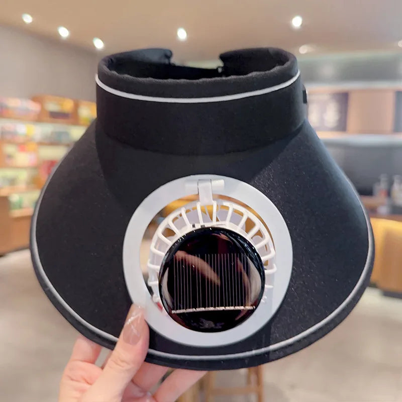 New Design Cartoon Striped Solar Charging USB with UV Protection Outdoor Face Cover Solar Powered Fan Hat Four Seasons