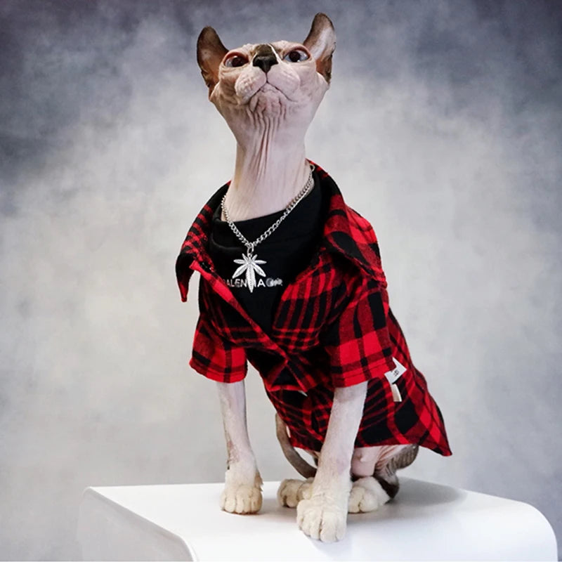 Sphinx Cat Clothing Suit Diablo Style Black Grid Cat Shirt and Black Vest Steel Maple Leaves Necklace Sphynx Cat Clothing Suit
