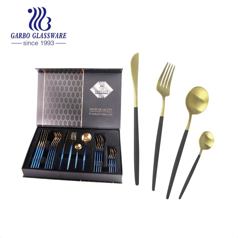 Wholesale Disposable Stainless Steel 410 Golden Plated 18-8 Dinner Knife Fork Spoon Flatware Set Asian Zen Style High Mirror