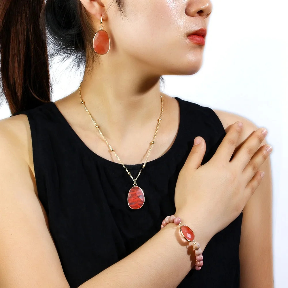 Spring/Summer New Fashion Jewelry Set Short Gold Chain Neck Chain Natural Stone Bracelet Earrings Women's Jewelry Set