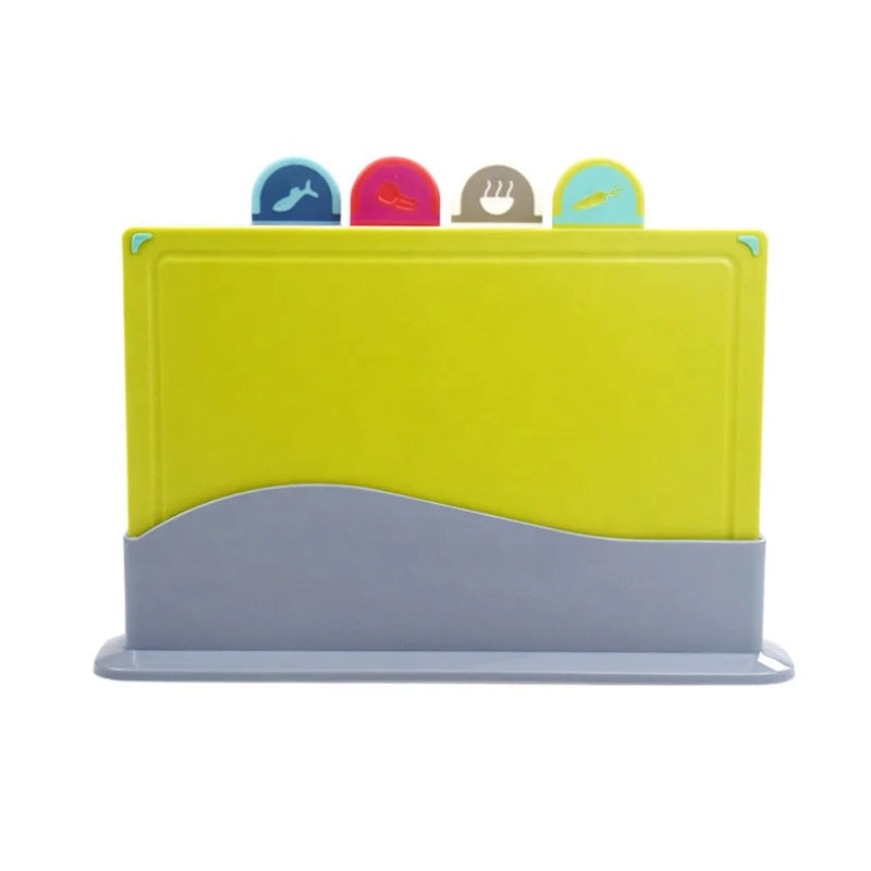 Index 4-Piece Color-Coded Food Grade PP Plastic Chopping Board Set with Stand Easy to Clean Kitchenware for Home Restaurant Use