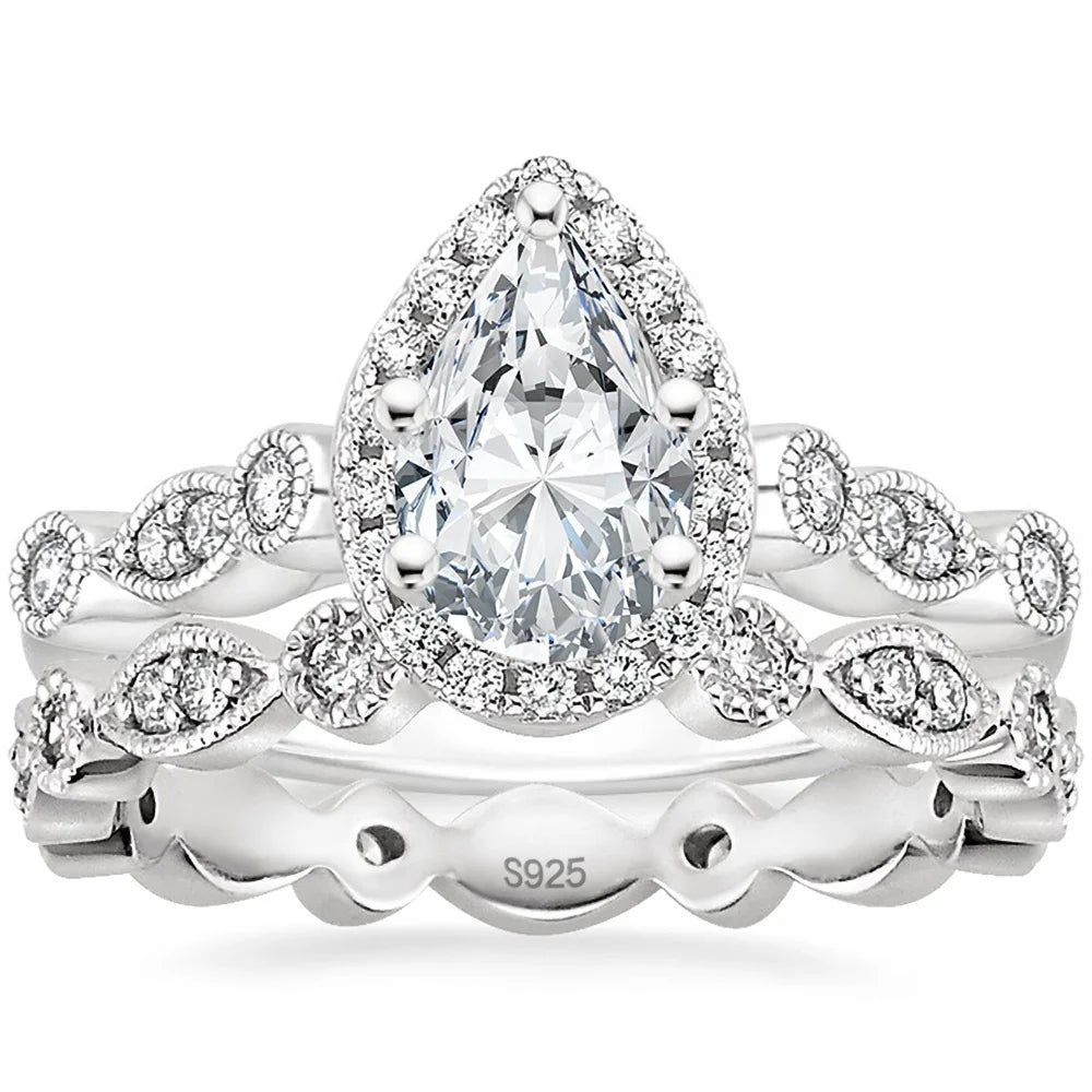 OAHLAN 1.5CT 925 Sterling Silver Bridal Ring Sets Teardrop CZ Engagement Rings Vintage Pear Promise Rings Pear Cut Wedding Bands