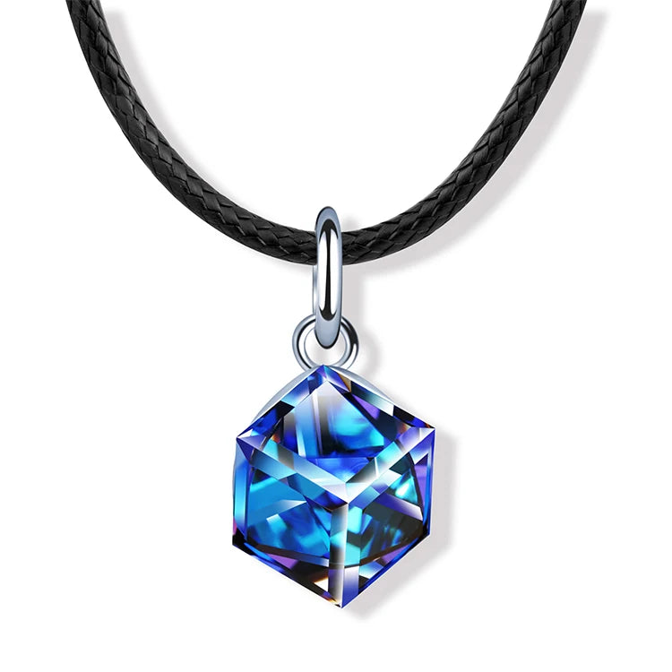 S925 Silver Women's Cube Square Crystal Black Leather Cord Necklace Necklace Image