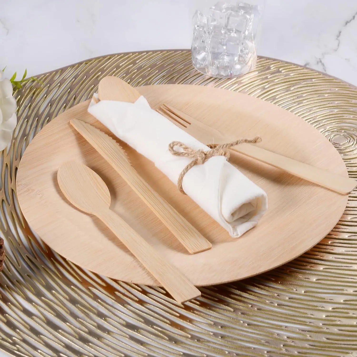 Eco-friendly Pre Rolled Napkin and Bamboo Cutlery Set Bamboo Utensils Biodegradable Wrapped Cutlery for Party