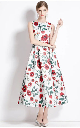 Women's Summer New Floral Print Large Swing Skirt Slim Waist Stylish Style Long Dress