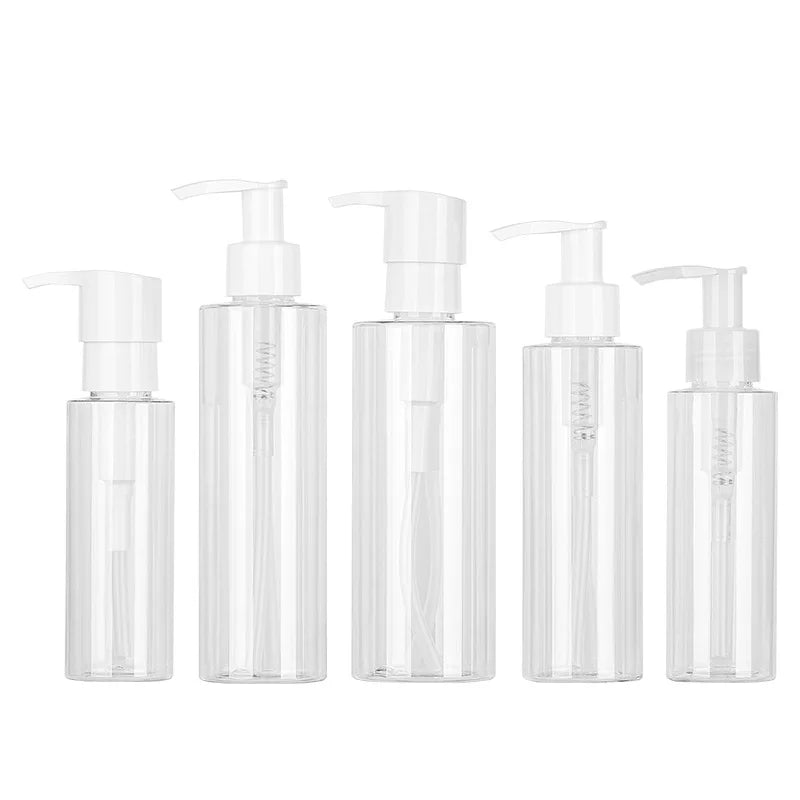 Simple Design Empty Clear 100ml 150ml 200ml PET Flat Shoulder Lotion Oil Cleanser Plastic Pump Bottles