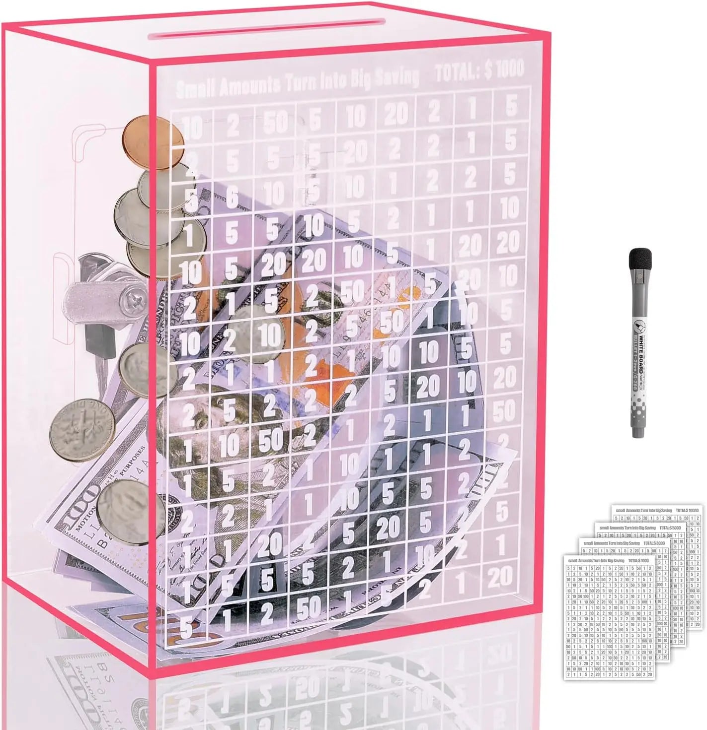 Openable Pink Large Acrylic Piggy Bank Adults Kids Cash Vault Savings Box Money Saving Challenge Bank Display Racks