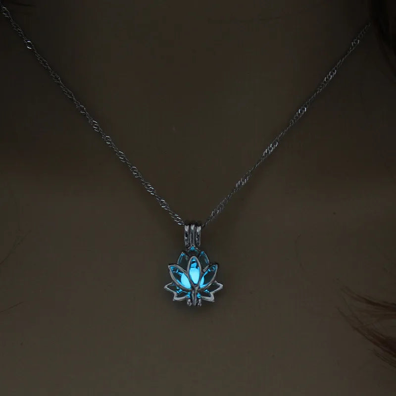 Luminous Light in the Dark Lotus Flower Shaped Pendant Necklace Hollow Flower Lockets Necklace for Women Jewelry