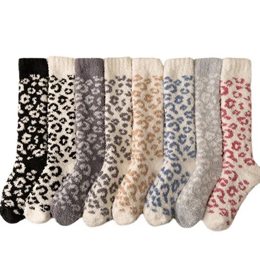Leopard-print Coral Fleece Calf Socks Terry Plus Velvet Thickened Long Tube Warm Floor Socks