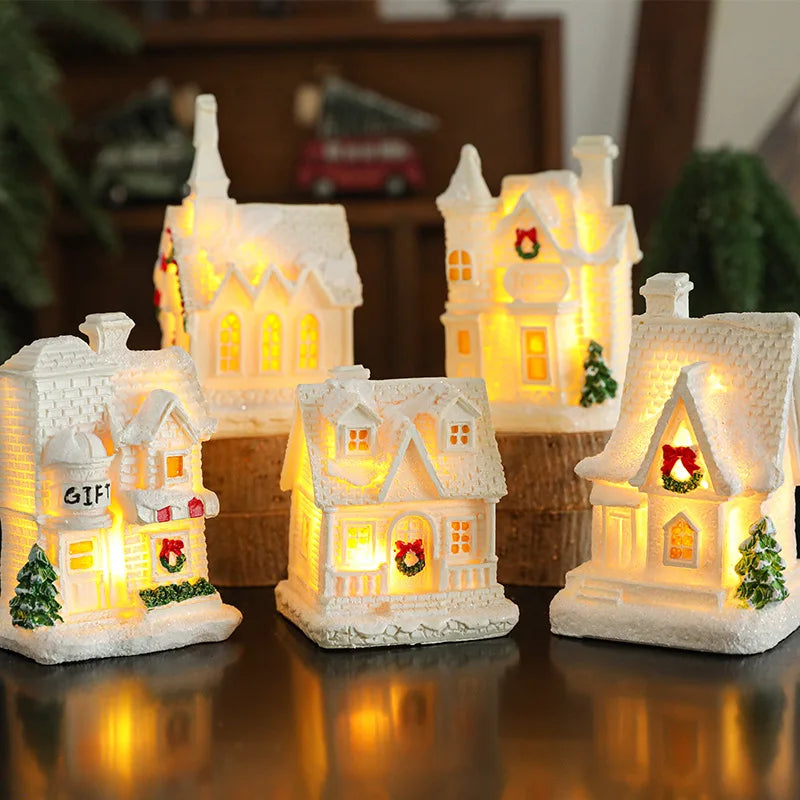 Christmas Gifts Resin Ornament White Glow Cabin for Christmas Ornament Decoration