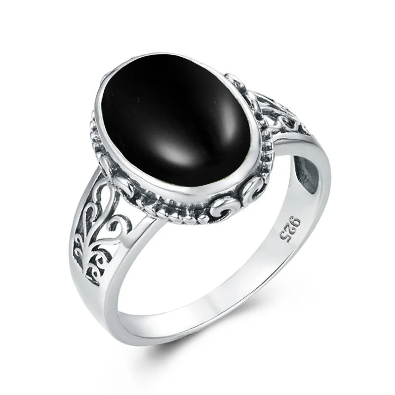 Victorian Agate Black Gemstone Round Women Accessories Silver Ring Wedding Anniversary Gifts Ladies Sterling Silver Ring