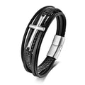 Hot Selling  Stainless Steel Gold Black  Cross Woven Layered Leather Bracelet for Men  Wedding Party Gifts
