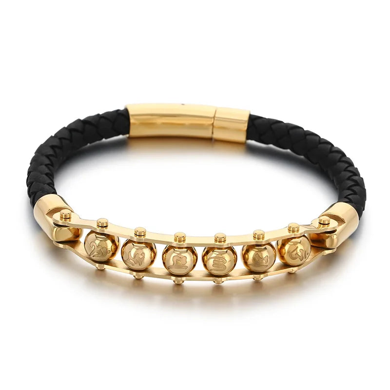 KALEN Trendy Mens Fashion Bracelets Bangles Stainless Steel Beads Leather Bracelet Bangle