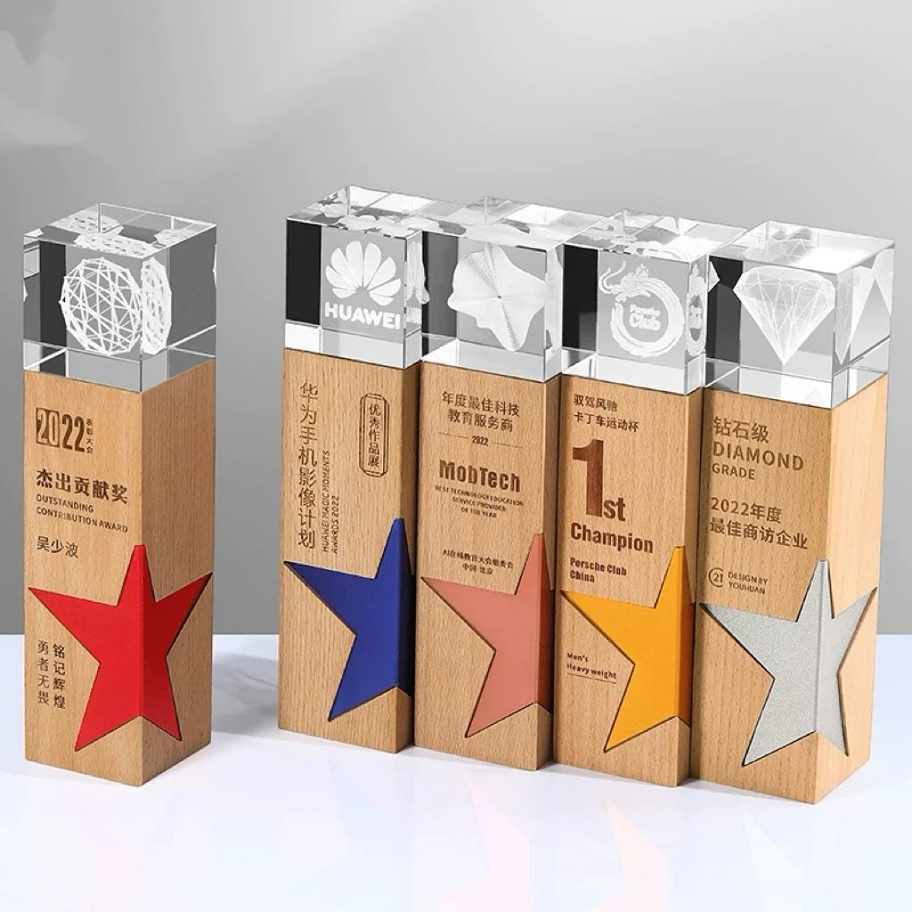 Gold Silver Bronze Red Blue Metal Star Laser Personalized Crystal Trophy Wooden Awards MH-J0187