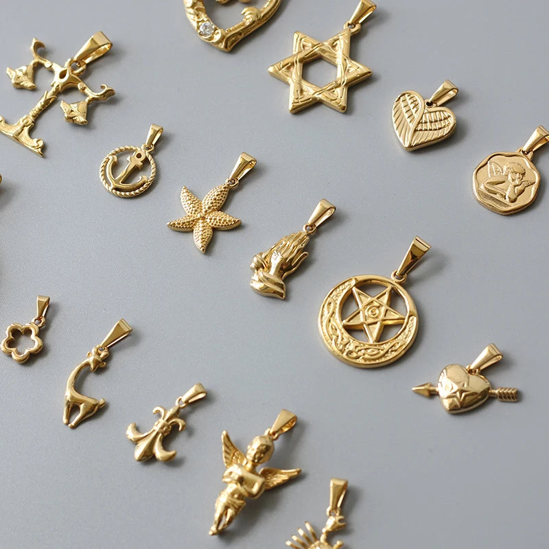 Fashion Custom Stainless Steel Escargots Crab Star Flower Pendants Gold Plated Libra Evil Eyes Angel Wing Key Heart Pendants