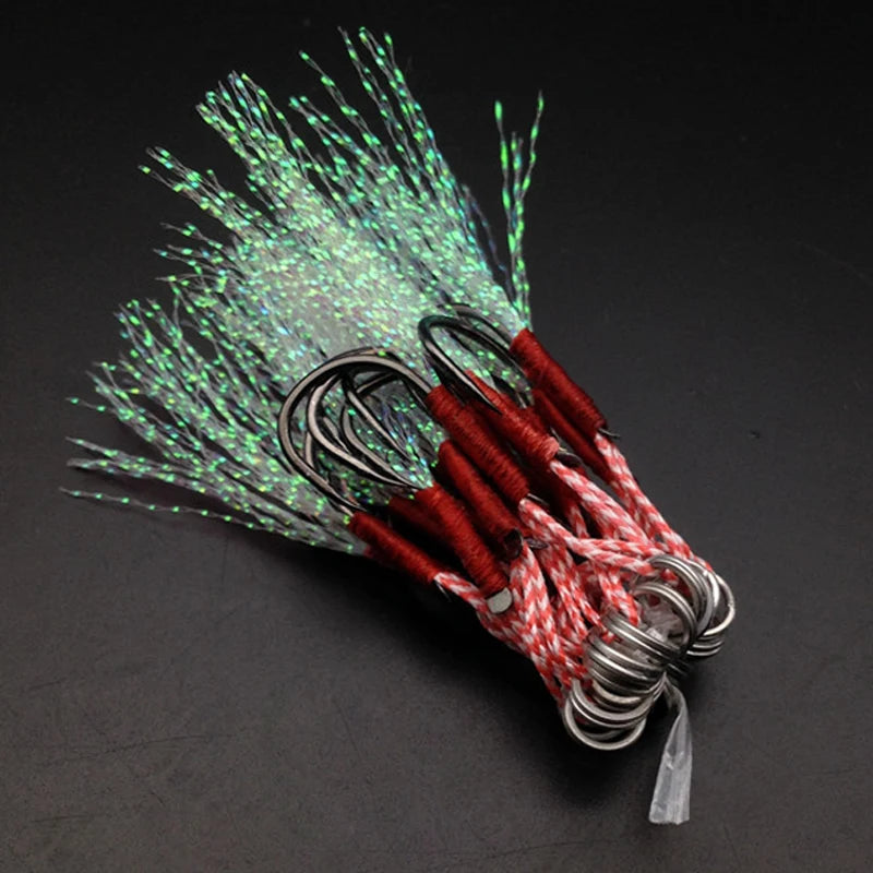 Slow Jigging Fishing Cast Assist Hook Single Barbed Jig Hooks With Feather & Ring High Carbon Steel Fishing Lure Hooks