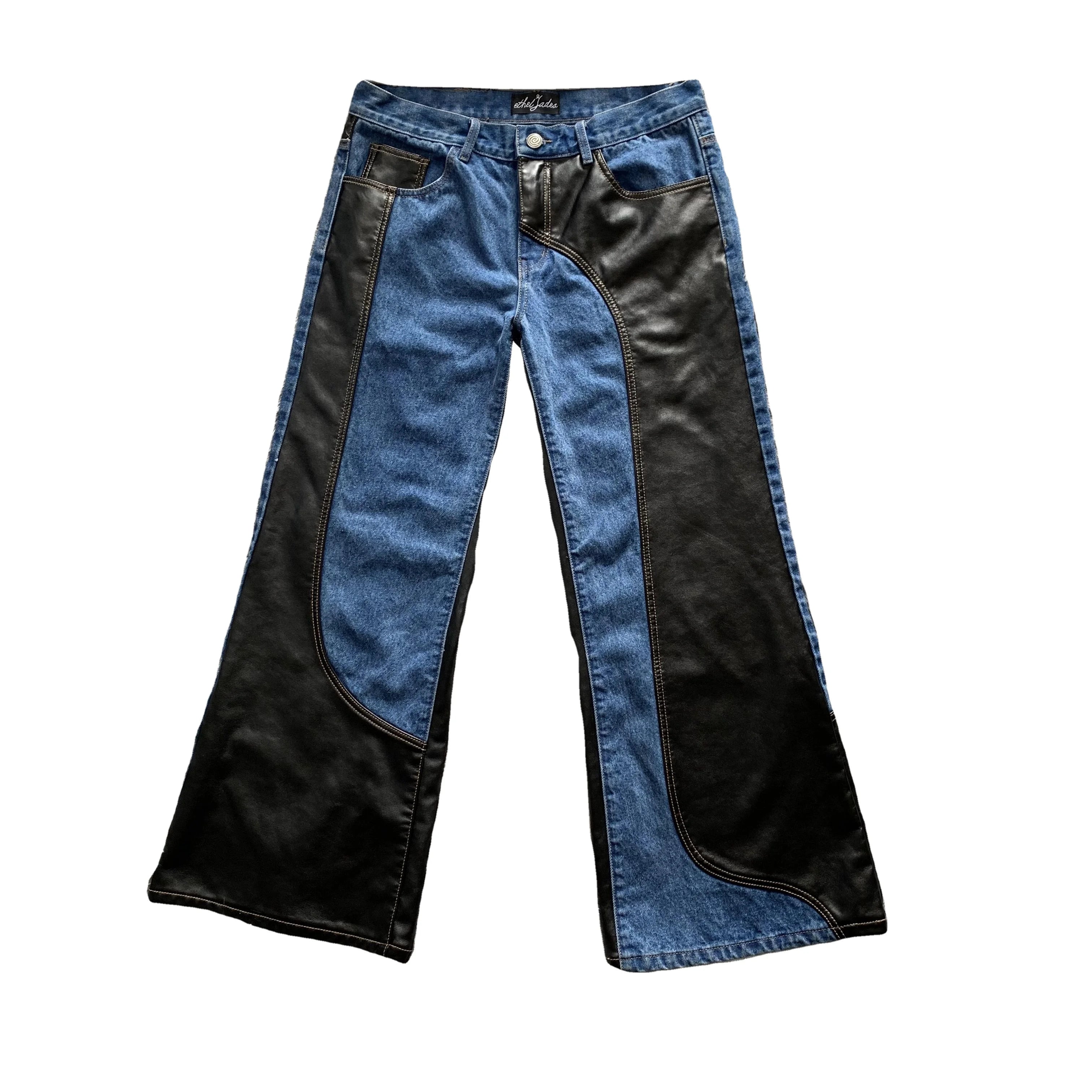 DENIMGUYS Men Genuine Leather Patchwork 2024 Men's New Fashion Sheepskin Leather Motorcycle Pants Men Streetwear Denim Pants