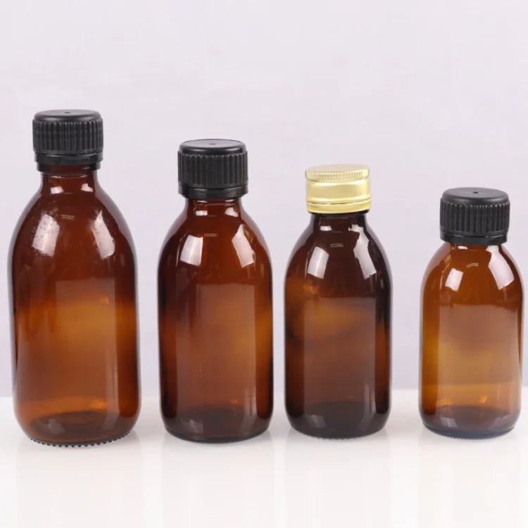 30ml 60ml 100ml 125ml 150ml 200ml 250ml Amber Brown Oral Liquid Medicinal Enzyme Glass Bottle With Gold Anti-theft Screw Cap