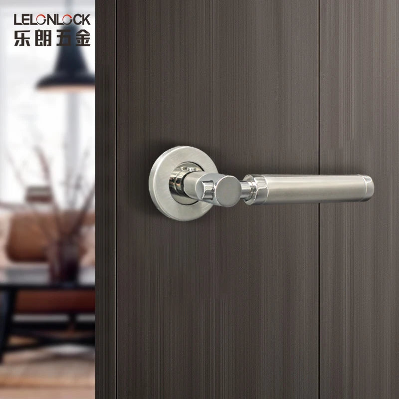 Wholesale Minimalist Bedroom Bathroom Door Lever Handle 304 Stainless Steel Satin&Polish Mixed Finish Escutcheon Decorative
