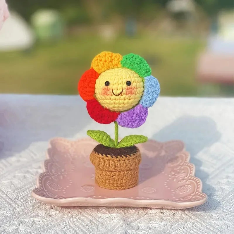 Hot Sale Multicoloured Crochet Sunflower Pot  With Card Sunflower Heart Flower Potting Knitting Flower Knitting  Doll Toy