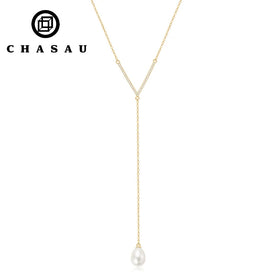 Pearl Jewelry Gifts 925 Sterling Silver 8mm Bulb-shape Natural White Freshwater Pearl Y Chain Necklace