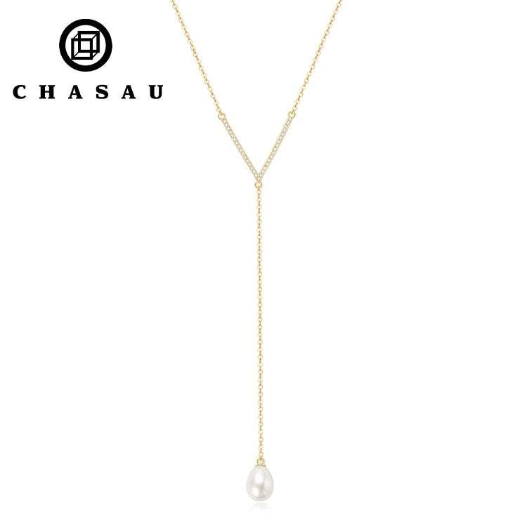 Pearl Jewelry Gifts 925 Sterling Silver 8mm Bulb-shape Natural White Freshwater Pearl Y Chain Necklace