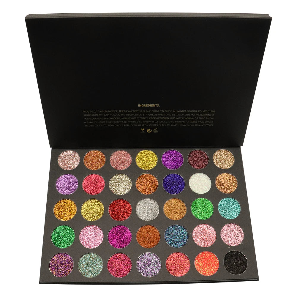 Private Label 35 Color Pressed Glitter Eyeshadow Palette Waterproof and Long Lasting Makeup Cosmetics OEM Brand Wholesale
