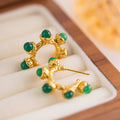 18K Gold Plated Stainless Steel Hoop Earrings Jewelry Retro Jade Natural Stone Irregular Hammered Earrings