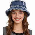 Unisex Trendy Washed Denim Bucket Cap Frayed Distressed Jean Fisherman Bucket Hat