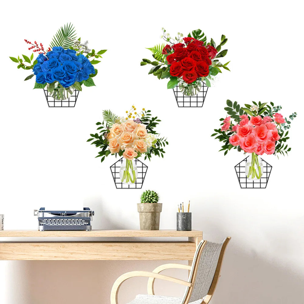 Wholesale Hot Sale 4PCS/Set Self-adhesive 3D PVC Flower and Green Plant Wall Sticker Decorative Wall Flower Decor Window Sticker