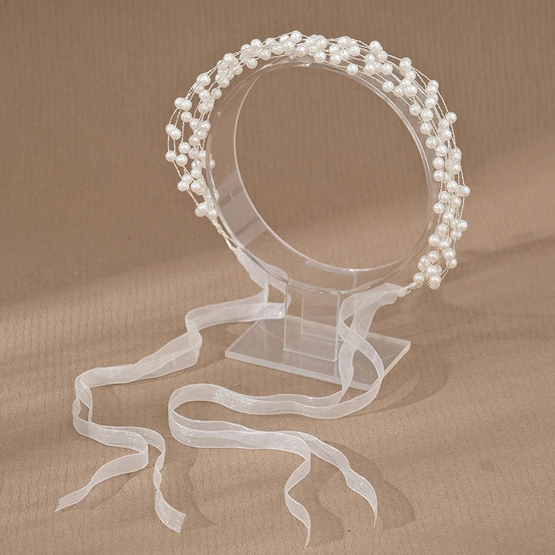 Hot Selling Adjustable Pearls Party Wedding Wreath Bridal Crown Headband Garland Hairband for Girls Wedding Party