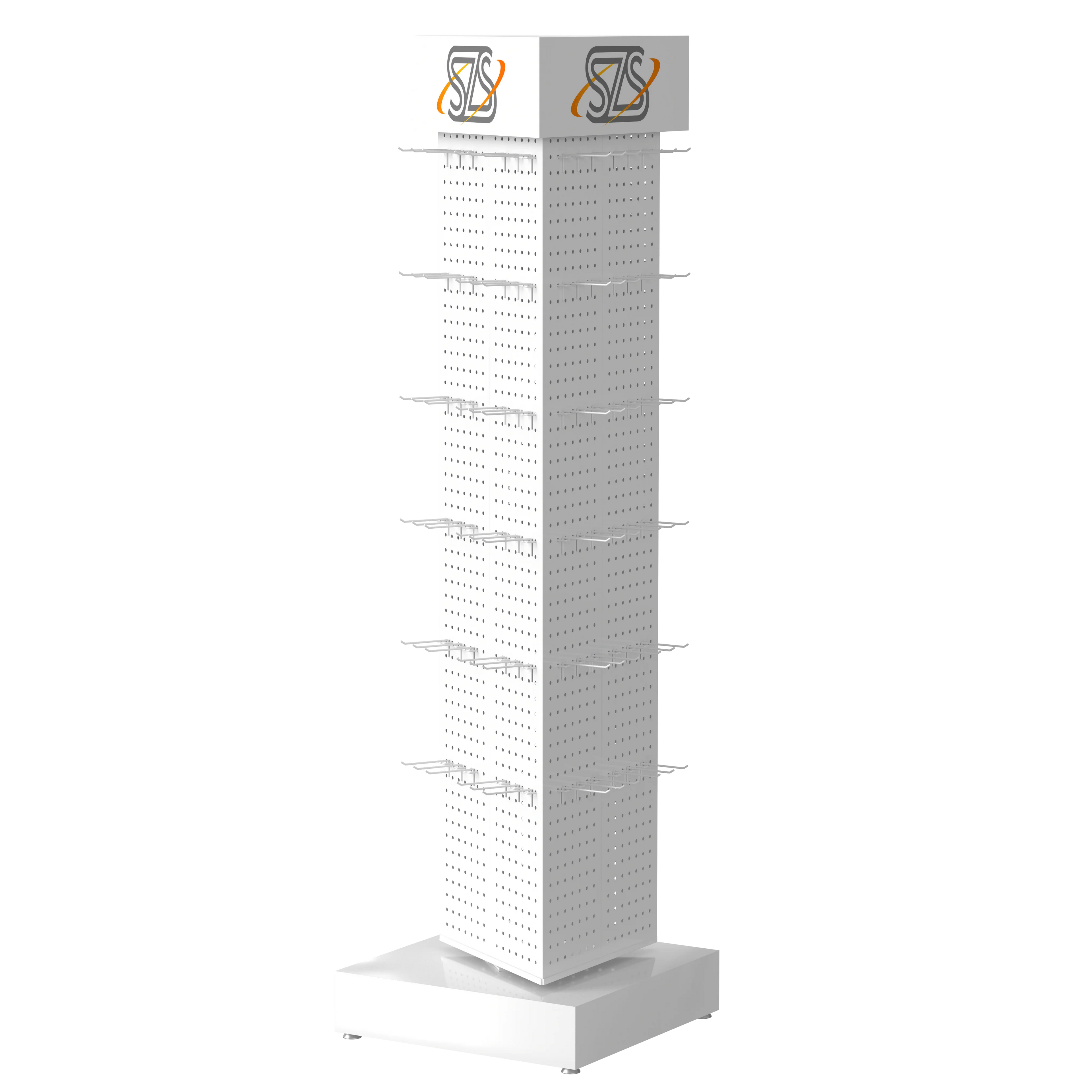 Metal Three Sided Multifunctional Display Rack with Detachable Hooks Triangular Rotating Pegboard Display Rack