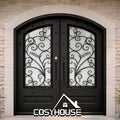 Luxury Wrought Iron Double Front Door Black Glass Exterior Entry Door for Villa Entrance