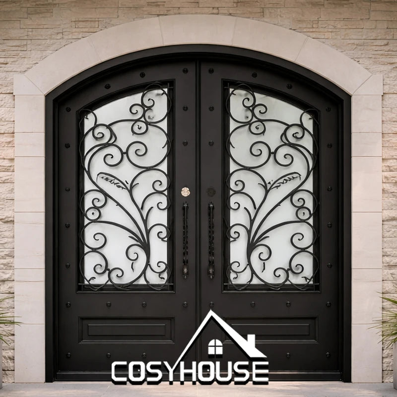 Luxury Wrought Iron Double Front Door Black Glass Exterior Entry Door for Villa Entrance