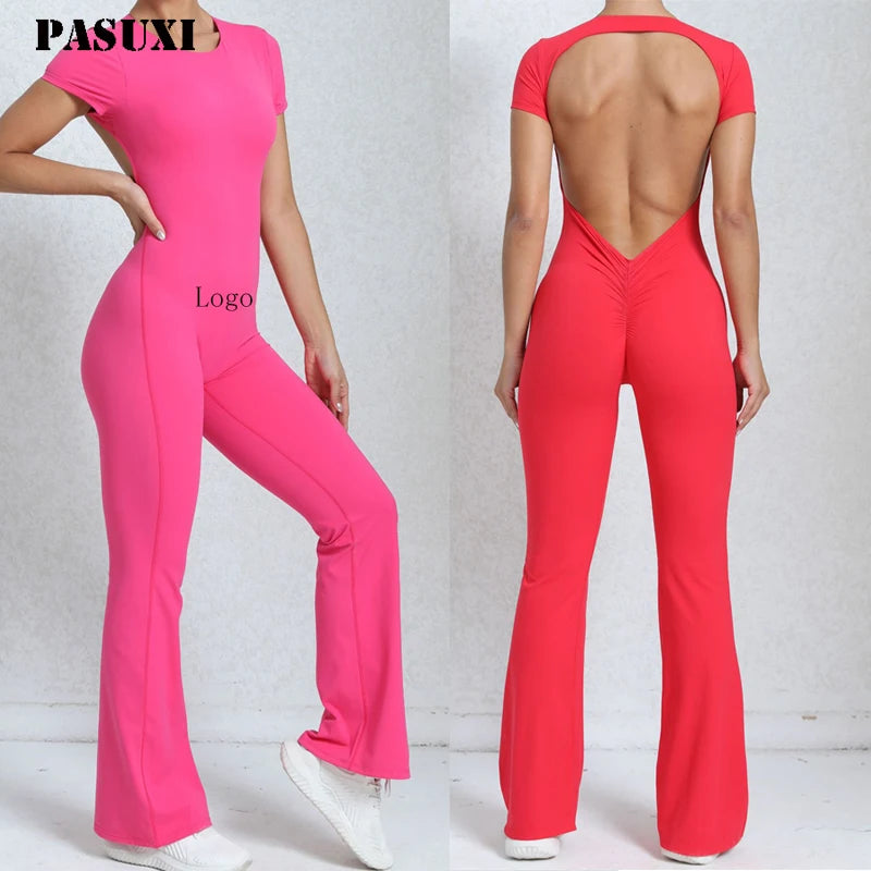 PASUXI New Arrival 2024 High Quality One Piece Jumpsuit for Women Backless Gym Fitness Sets Flare Bottoms Bodysuits