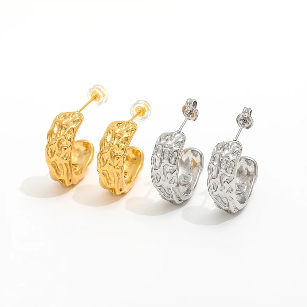 JOOLIM High End 18K Gold Plated Irregular Surface Stainless Steel C Hoop Earrings Jewelry Fashion Trendy
