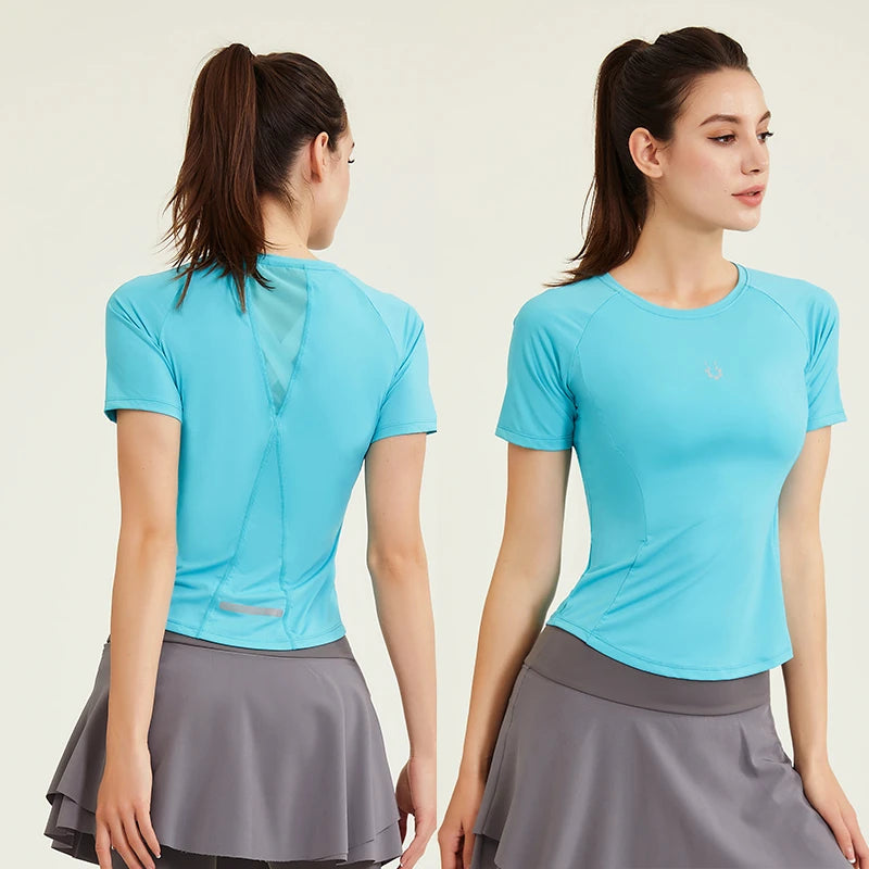 New Yoga Wear Short Sleeve Women Round Collar Sports T Shirt Running Fitness Slim Breathable Gym Top Mesh Workout T-Shirt