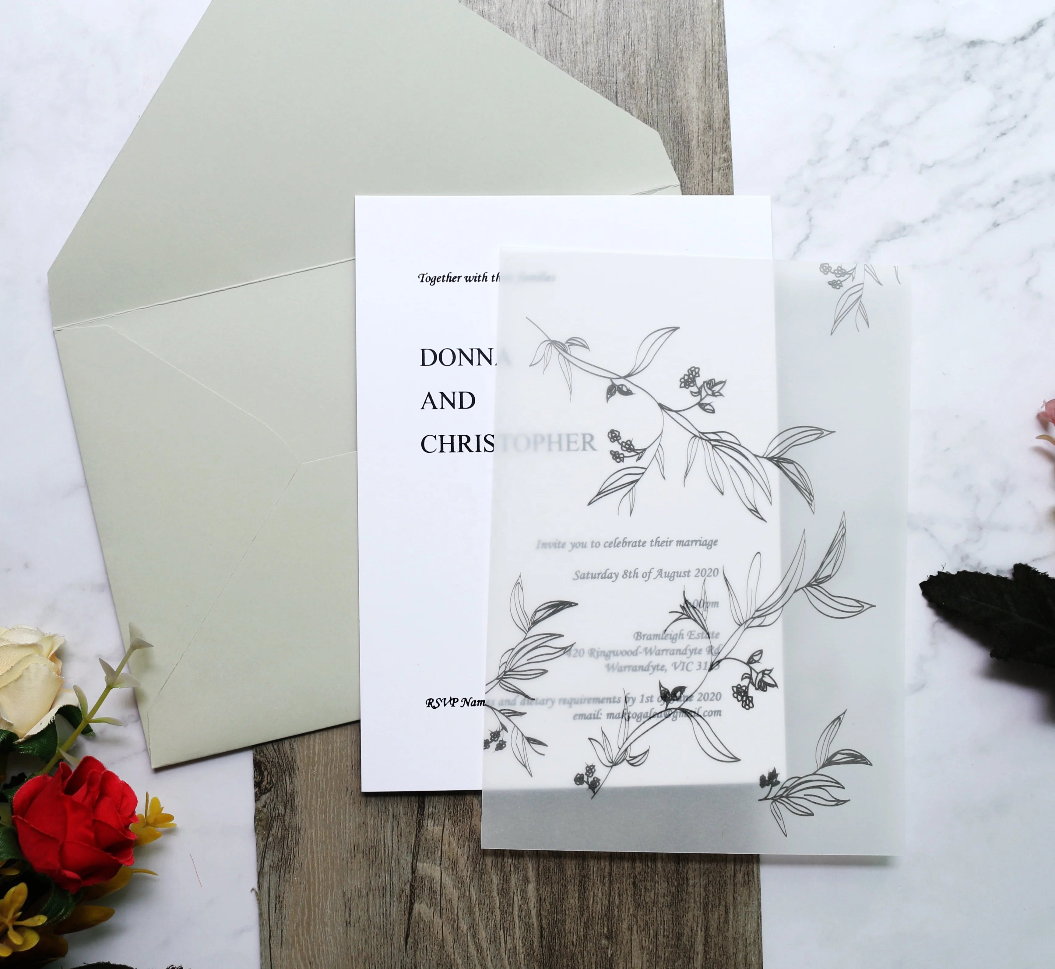 Custom Forest Nature Theme Wedding Invitation Card with Green Sage Olive Envelope Graph Printing Vellum Jacket