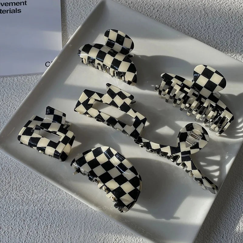 Wholesale square Half Round Medium Plastic Hair Clamp Checker Check Acrylic Hair Claws Checkered Claw Clip