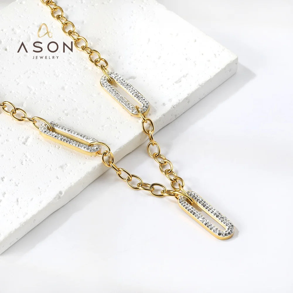 Ason Fashion Jewelry 18k Gold Plated Stainless Steel Charm Necklace Zircon Rectangular Paperclip Link Chain Necklace for Women
