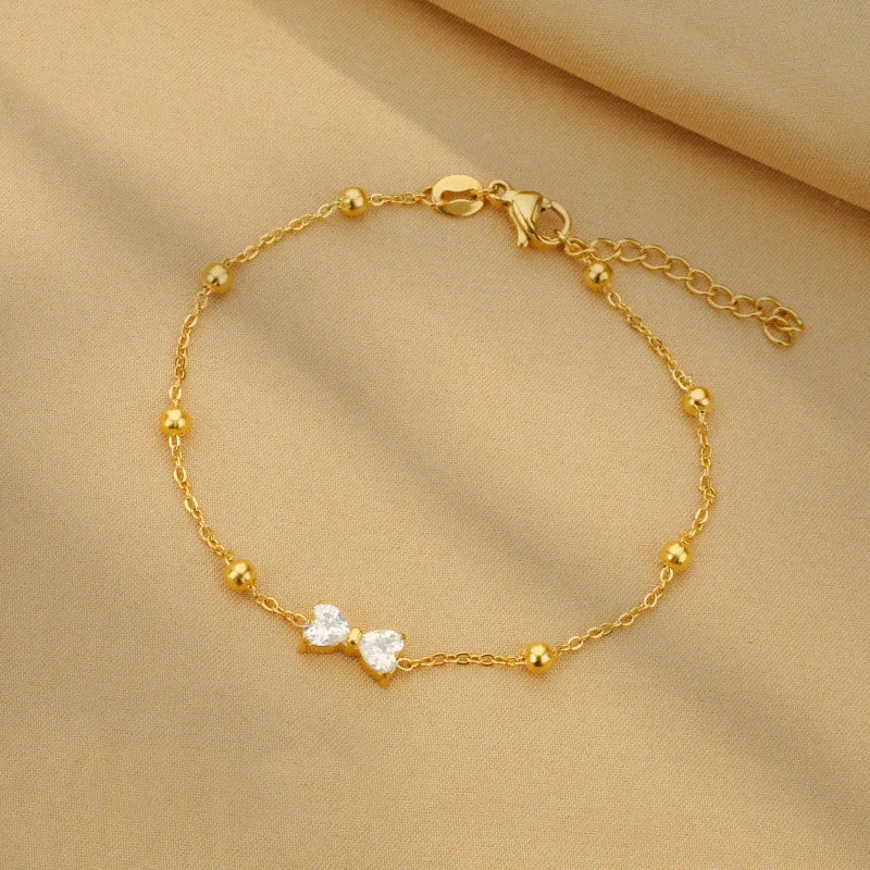 Minimalist Tarnish Free 18k Gold Plated Stainless Steel Bracelet Fashion White Zircon Bow Beaded Charm Bracelet for Women Girls