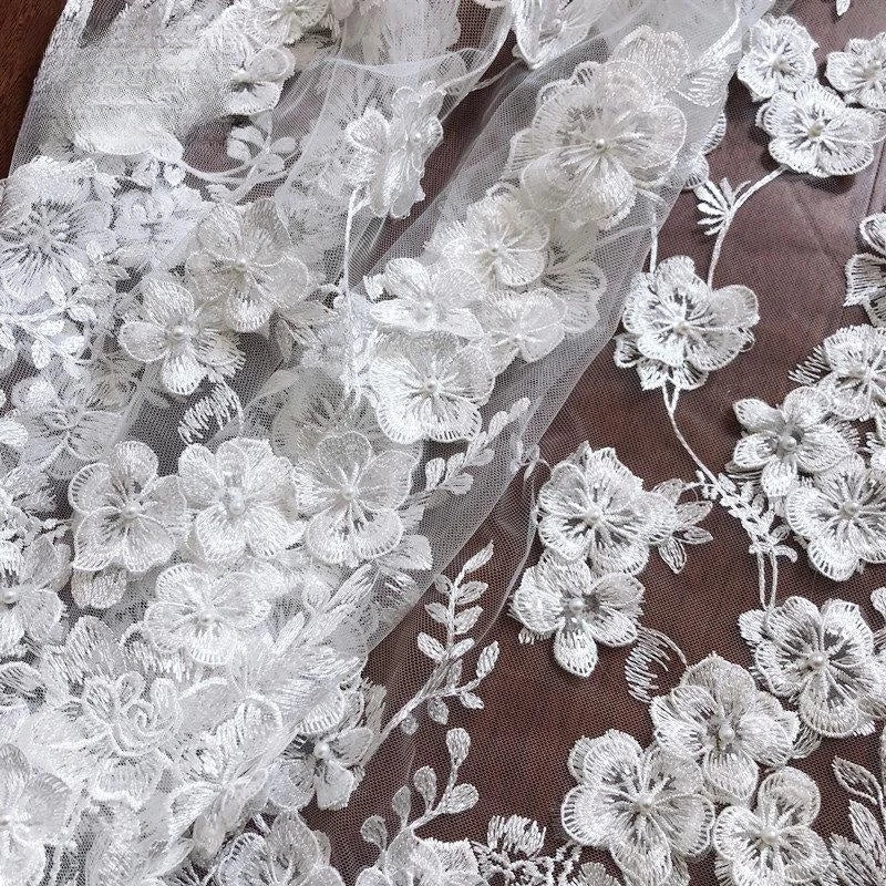 White 3D Beaded Applique Mesh Lace Fabric Garment Use Wedding Dress Lace Accessories Free Shipping Width 86cm and 135cm