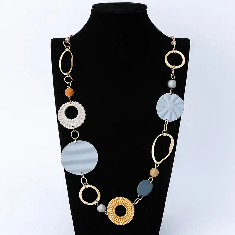 Bohemian Style Painted Iron Sheet Resin Circle OX Warble Long Necklace for Girl's