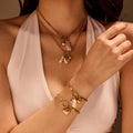 High Quality Fashion 18K Gold Plated Stainless Steel Zircon Pearl Heart Pendant Bracelet Necklace Jewelry Set for Women