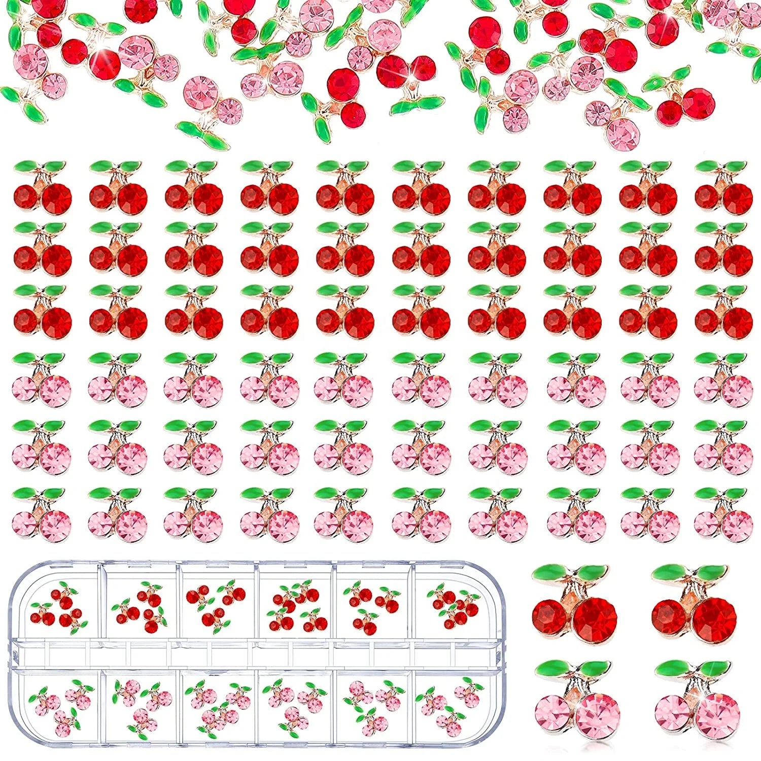 36pcs/box 3D Cherry Nail Charms Red Pink Shiny Nail Gem Kawaii Metal Nail Rhinestones 12grids Alloy Cherry Manicure Accessories