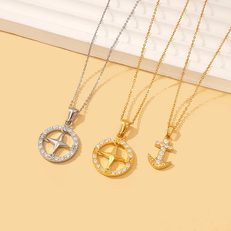 Fashion Fine Stainless Steel Wholesale 18k Gold Plated Waterproof Diamond Jewelry Compass Anchor Pendants and Charms Necklace