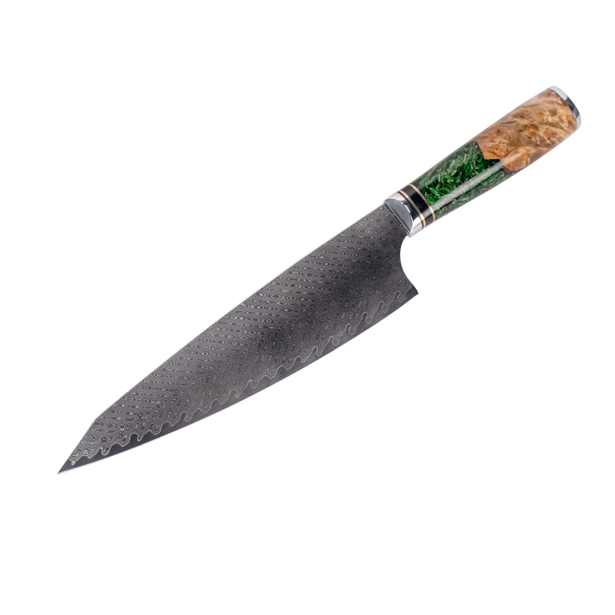 8 Inch High Quality VG-10 67 Layers Damascus Chef Knife with High-Polish Finish Ambidextrous Resin Handle and Wood